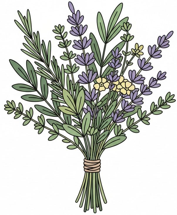 A hand-drawn illustration of a tied bouquet featuring sprigs of lavender, rosemary, and small yellow flowers.